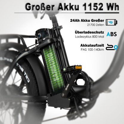 Faltbares E-Bike, E Bike Elektrofahrrad mit 48 V/24 Ah Akku, bis zu 140 Km, Hinterradmotor 48 V, 65 N.m, hydraulische Scheibenbremse, E-Faltrad mit Rückspiegel & Korb, elektrisch - Image 2