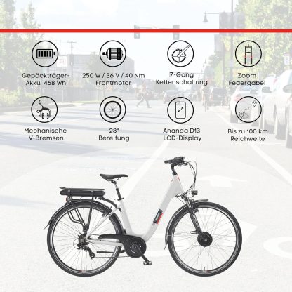 E-Bike Damen Herren 28 Zoll | Elektrofahrrad E-Citybike | Frontmotor 250 W | City Pedelec | 468 Wh Li-Ion Akku | 3 & 7-Gang Ketten-/Nabenschaltung | 100 km Reichweite | Straßenzulassung - Image 5