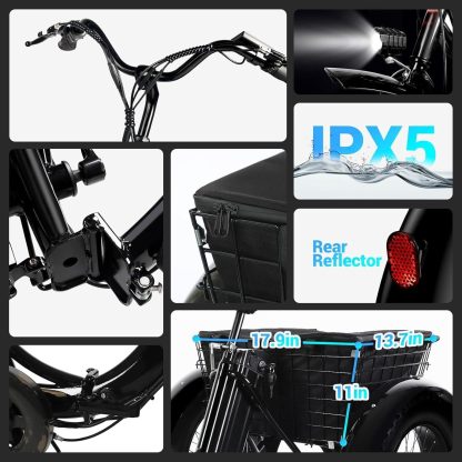 Elektro-Dreirad für Erwachsene, 20" x 4.0 Fat Tire Elektro-Dreirad, Peak 500W 20MPH 36V 13Ah Lithium Batterie UL-zertifiziert, Premium 80% zusammengebautes faltbares 3 Rad Elektrofahrrad, Schwarz - Image 8
