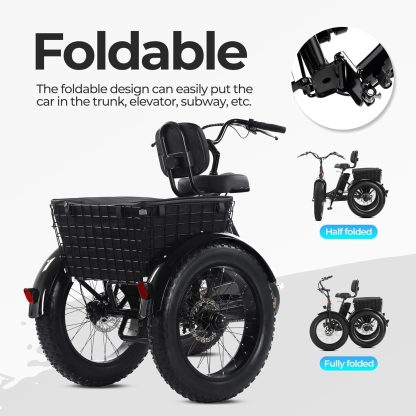 Elektro-Dreirad für Erwachsene, 20" x 4.0 Fat Tire Elektro-Dreirad, Peak 500W 20MPH 36V 13Ah Lithium Batterie UL-zertifiziert, Premium 80% zusammengebautes faltbares 3 Rad Elektrofahrrad, Schwarz - Image 6
