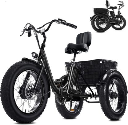 Elektro-Dreirad für Erwachsene, 20" x 4.0 Fat Tire Elektro-Dreirad, Peak 500W 20MPH 36V 13Ah Lithium Batterie UL-zertifiziert, Premium 80% zusammengebautes faltbares 3 Rad Elektrofahrrad, Schwarz