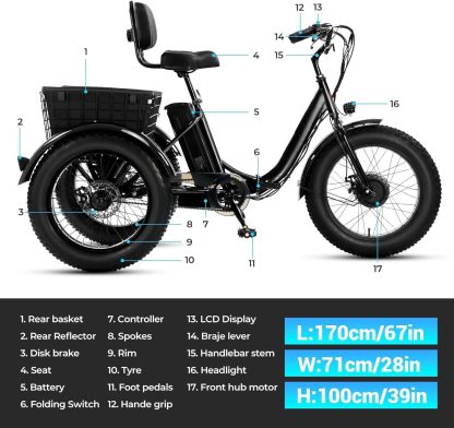 Elektro-Dreirad für Erwachsene, 20" x 4.0 Fat Tire Elektro-Dreirad, Peak 500W 20MPH 36V 13Ah Lithium Batterie UL-zertifiziert, Premium 80% zusammengebautes faltbares 3 Rad Elektrofahrrad, Schwarz - Image 7
